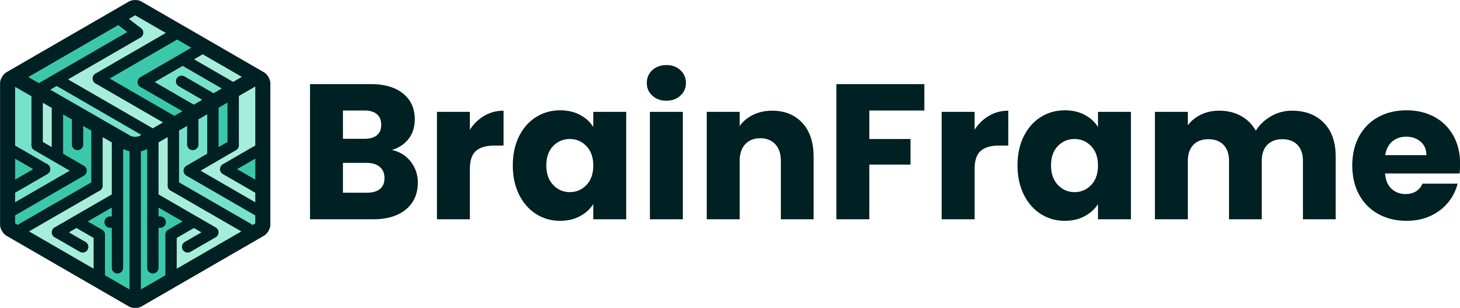 Logo von BrainFrame in einer horizontalen Anordnung. Das Logo besteht aus einem stilisierten, dreidimensionalen Würfel mit einem Muster aus hellblauen Linien, die ein kubisches Netz bilden, auf der linken Seite und dem Namen 'BrainFrame' in moderner, dunkelblauer Schrift auf der rechten Seite.